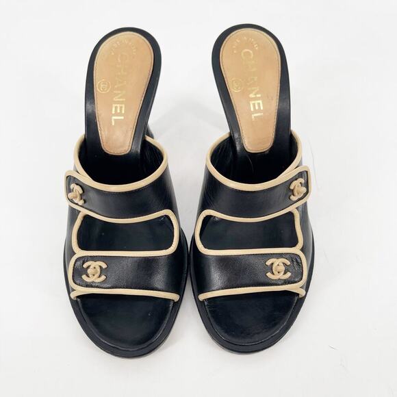 Vintage Chanel Black & Beige Leather CC Logo Slide Mule Heels size EU 36 - Picture 6 of 14